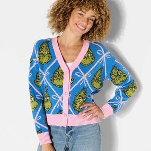 The Grinch - Women's Grinch Festive Graphic Cardigan - Blue L Blue